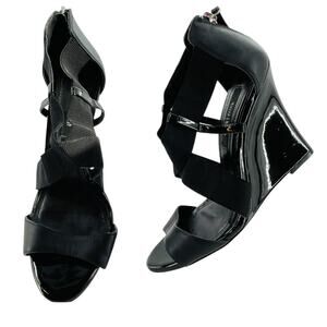 WHBM Black Leather Strappy Career Chic Zip Back Elastic Ankle Wedge Heel 9.5